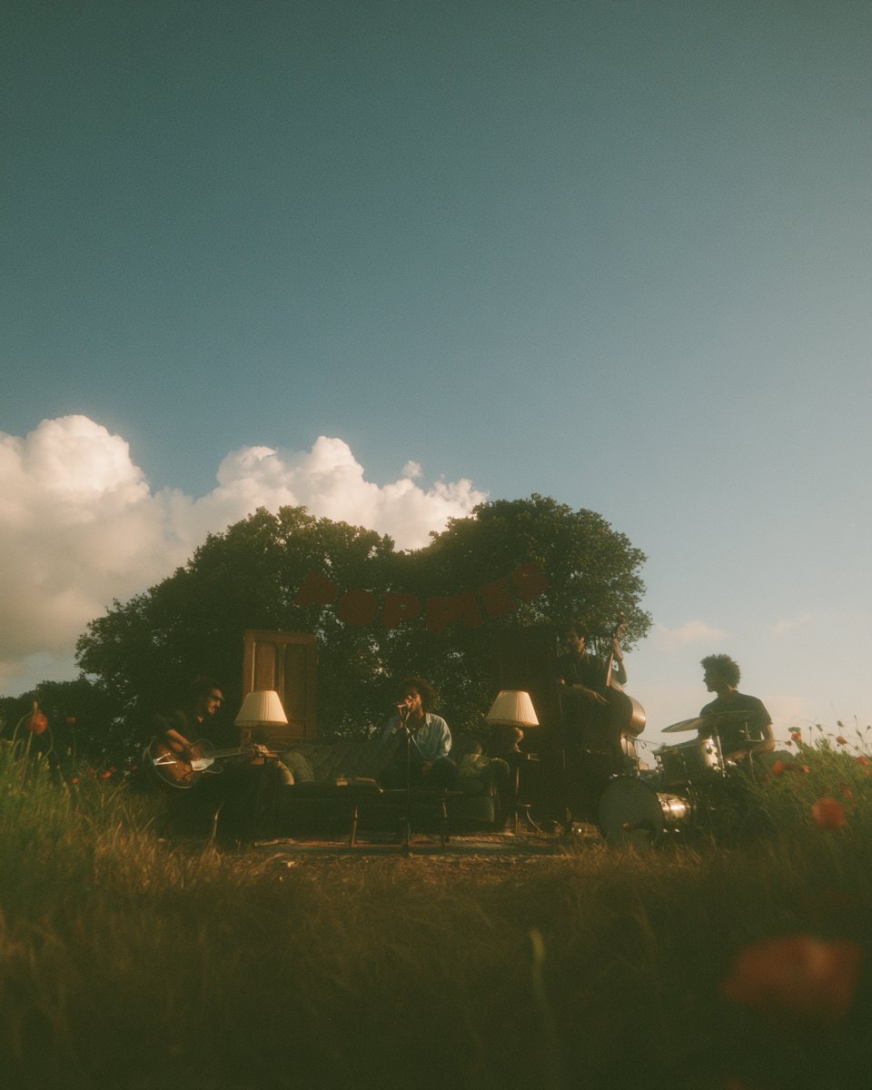 A band playing among lamps and sofas under a big sky