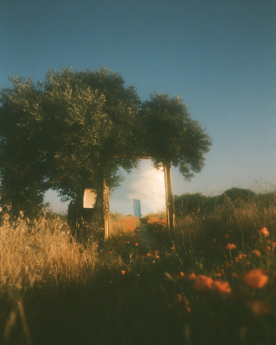 A gilded mirror under an olive tree, poppies in the grass around it